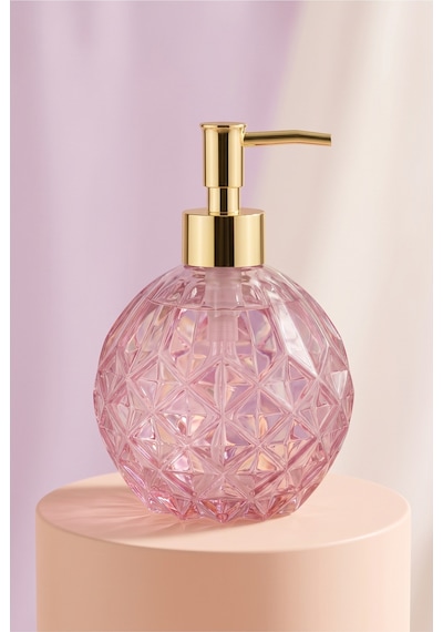 Boby Diamond Küre Cam Sıvı Sabunluk Gold Pompalı Kristal Desenli Dekoratif Banyo Ve Mutfak Dispenseri - 16 Cm X 10 Cm - 500ml - Pembe