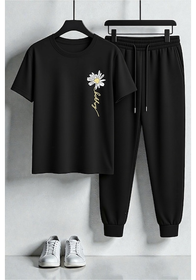 Uyguntarz Unisex Happy Papatya Tasarım Baskılı Tişört - 2'li Eşofman Takımı Siyah Uyguntarz Unisex Happy Papatya Tasarım Baskılı Tişört - 2'li Eşofman Takımı Siyah