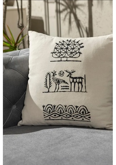 Hitit Desen El Baskısı Kırlent Kılıfı 2 Li Set 45x45 Cm %100 Orga