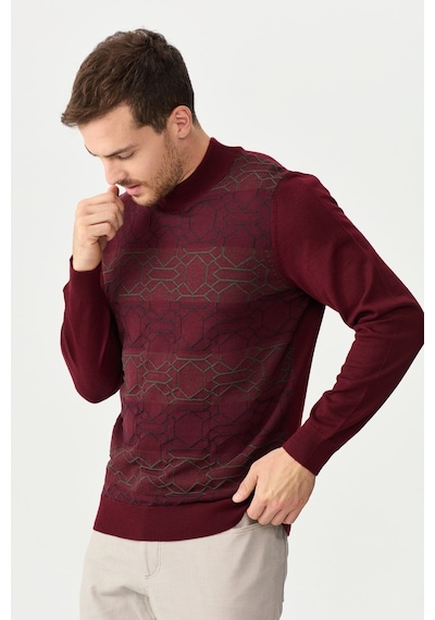 Erkek Yarım Balıkçı Yaka Önü Desenli Kazak Bordo Bordo