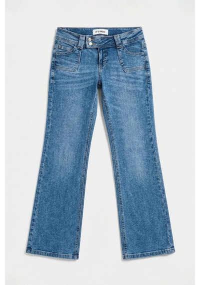 Itsbasic Kadın Mavi T-4s6-4 Flare Fit Düşük Bel Taş Detaylı Özel Tasarım Denim Jean