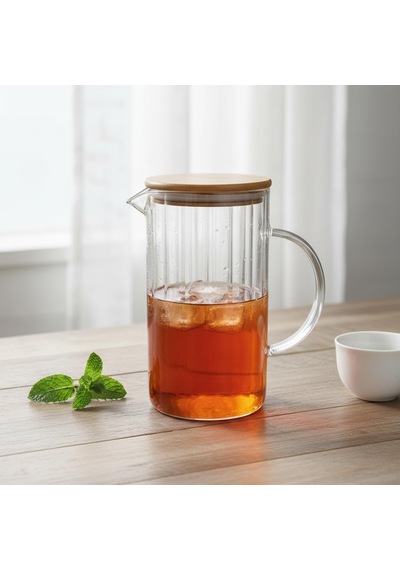 1000 Ml Bambu Kapaklı Borosilikat Cam Yağlık Ve Sürahi - Isıya Dayanıklı Çizgili Line Desenli Modern Meşrubat Ve Su Karafı 9x17 Cm Çok Renkli
