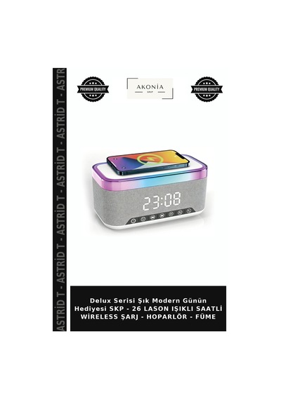 Delux Serisi Şık Modern Günün Hediyesi Skp - 26 Lason Işıklı Saatli Wireless Şarj - Hoparlör - Füme