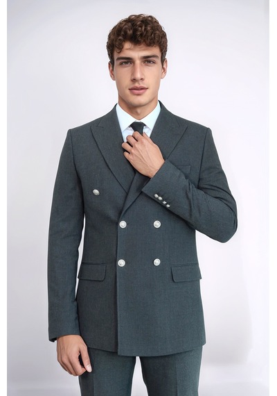 Gümüş Renk Metal Düğmeli Slim Fit Kruvaze Koyu Gri Erkek Takım Elbise Wessi Füme