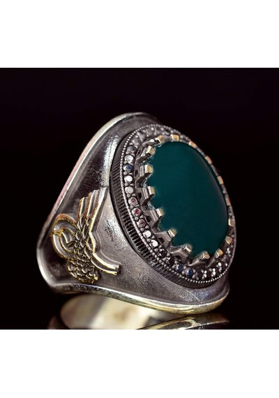 Erkekler İçin Gümüş Yüzük - Doğal Jade Taşı İle Osmanlı Tuğra Tasarımı Gümüş