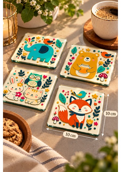 Gökçeoğlu Cam Bardak Altlığı Orman Hayvanları Temalı 4'lü Takım 10cm X 10cm Çok Renkli