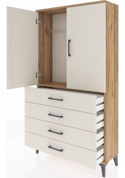 Arges Dolap Tek Raflı 4 Çekmeceli Tek Askılı 88x30x163 Çam-ay... Çam