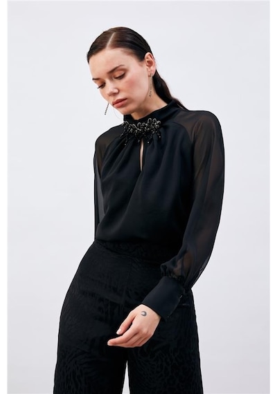 Sateen Aksesuar Detaylı Şifon Kollu Bluz 1116-1051 001