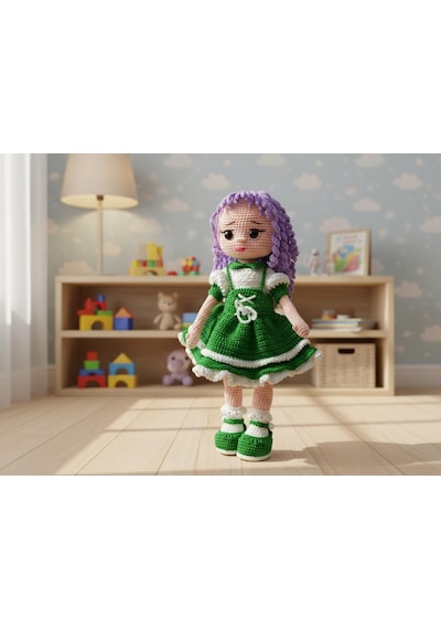 El Yapımı Amigurumi Kız Bebek Kişiye Özel Renk Seçenekli Örgü Oyuncak Açık Yeşil