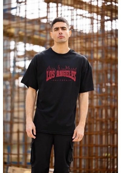 Erkek Kısa Kol Tişört Bisiklet Yaka Los Angeles Baskılı T-shirt - Siyah