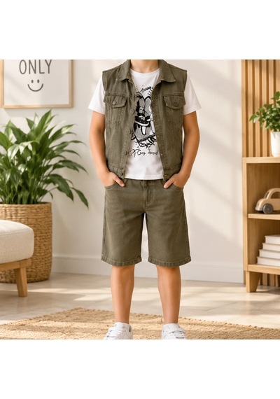 Candar Denim Kumaş Ve Tişört Çocuk Takımı 5-12 Yaş Haki