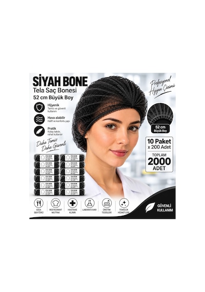 Saç Bonesi Siyah Tela 52 Cm Büyük Boy 10 Paket X 200 Adet Toplam 2000 Adet