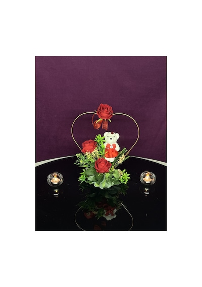 Rose Gold Metal Kalp Çerçeveli Ayıcık Ve Gül Hediyelik Aranjman