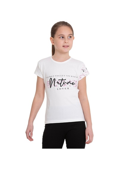 Beyaz Nature Baskılı Bisiklet Yaka 5-12 Yaş Tişört 2037-2 Beyaz
