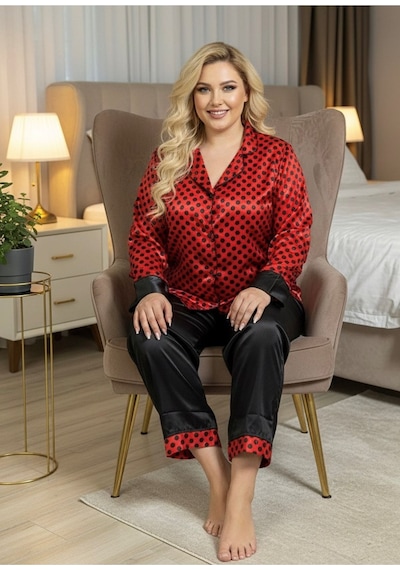 Sistina Siyah-kırmızı - 846 - Saten Pijama Takımı - 1621 - - Kmrsfres - Beden L