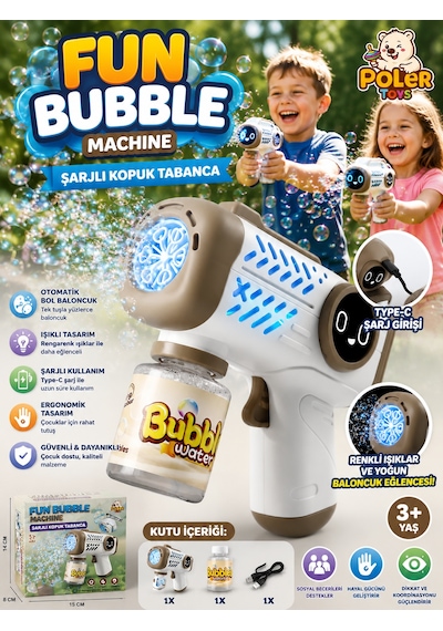 Şarjlı Baloncuk Tabancası Işıklı Otomatik Köpük Balon Makinesi Bubble Gun Beyaz