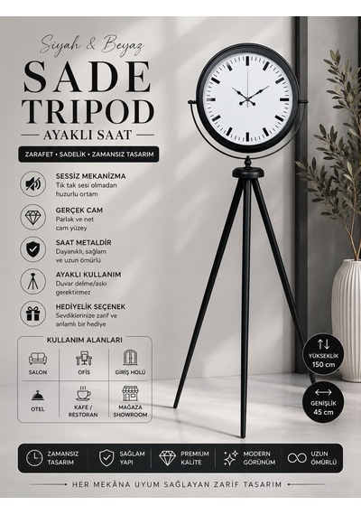 Siyah & Beyaz Saf Sade Tasarım Tripod Ayaklı Saat