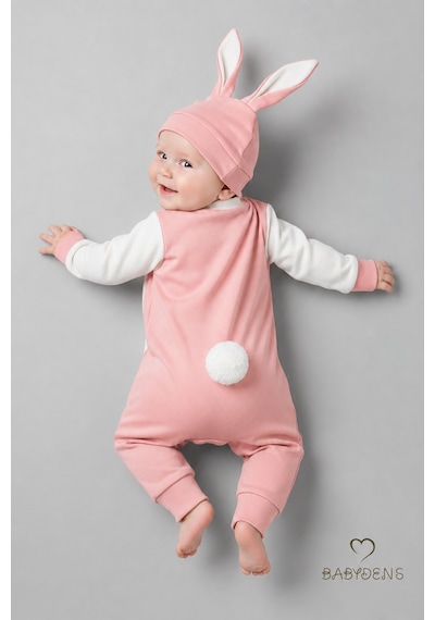 Babyden's Tavşan Kulaklı Yenidoğan Tulum Seti %100 Pamuklu Ayarlanır Ponponlu Unisex Bebek Tulum Şapka Set Pudra Pembe