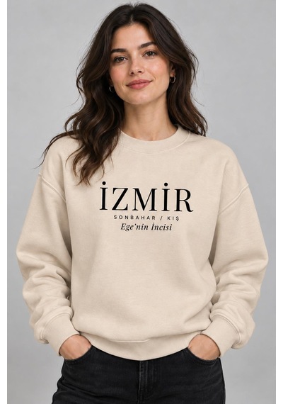 Gıovera İzmir Şehir Koleksiyonu Pamuklu Bisiklet Yaka Kadın Sweatshirt Bej