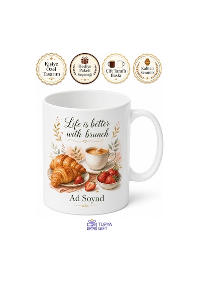 Brunch Temalı Özel Tasarım Baskılı Porselen Kupa Bardak Hediye Beyaz / Çok Renkli