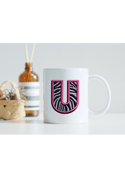 U Harfi Zebra Deseni Ve Pembe Kenarlı Kupa Bardak - Kişiye Özel Nakış Efektli - Siyah Beyaz Pembe Beyaz