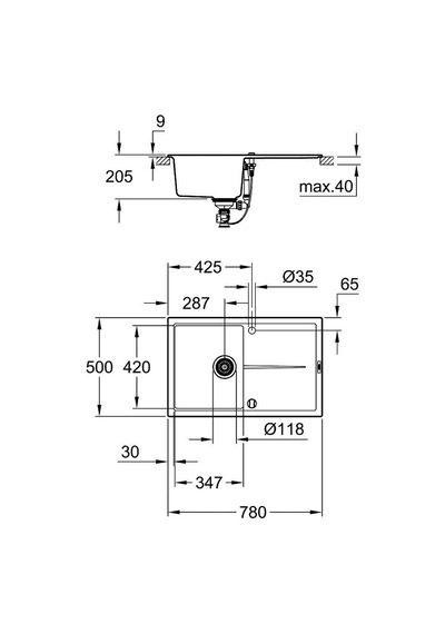 Grohe K400 Kuvars Kompozit Eviye 50 -C 78 / 50. Granit Gri -