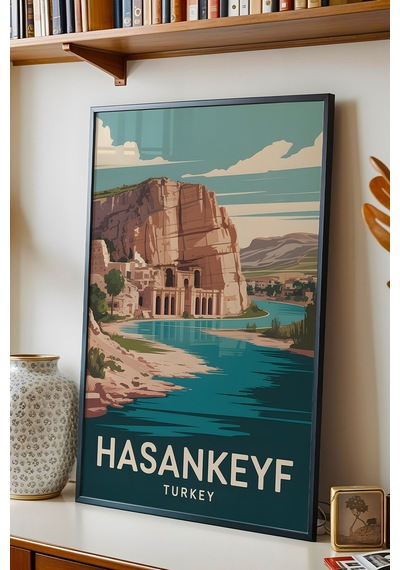 Hasankeyf Tablo - Retro Travel Poster - Batman Şehir Serisi Duvar Dekoru - Çerçeveli İllüstrasyon Siyah