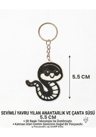Sevimli Yavru Yılan Anahtarlık & Çanta Süsü Beyaz - Siyah
