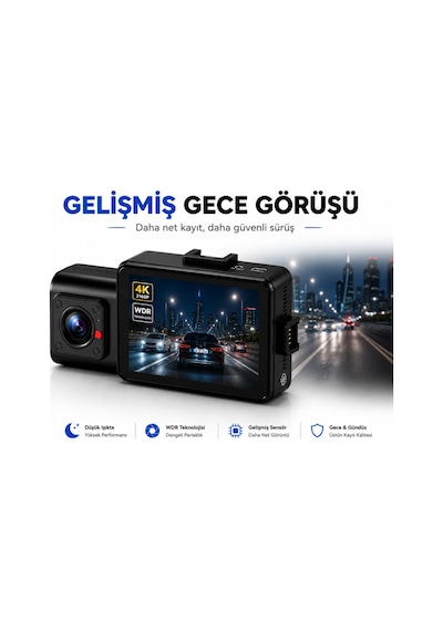 4k Araç İçi Kamera 3 Kameralı Gps Wifi G Sensör Gece Görüşlü Ön Arka İç Kayıt Araç İçi Dışı Kamera