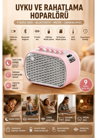 Polham 9 Sesli Uyku Hoparlörü Bluetooth 5.1v, 1200mah Taşınabilir Rahatlama Cihazı Zamanlayıcı, Usb Sd Kart Aux Pembe