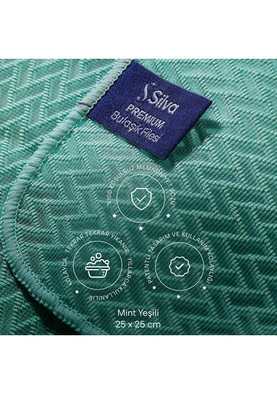Premium Bulaşık Filesi Balıksırtı Doku 25x25 Cm, Mikrofiber Bulaşık Bezi, Az Deterjanla Bol Köpük, Çizmeyen Ovma Gücü, Tencere Tava Cam Porselen İçin, Mint Yeşili