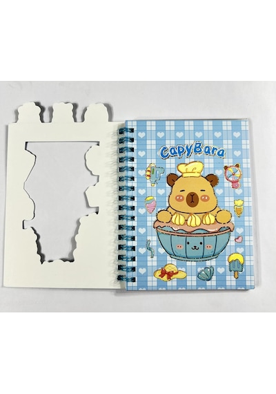 3'ü 1 Arada Spiral Defter Capybara 11x16.5 Cm Sticker Defteri Mavi Çok Renkli