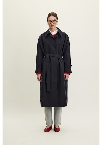 Manuka Kemerli Oversize Gabardin Trençkot Lacivert Lacivert