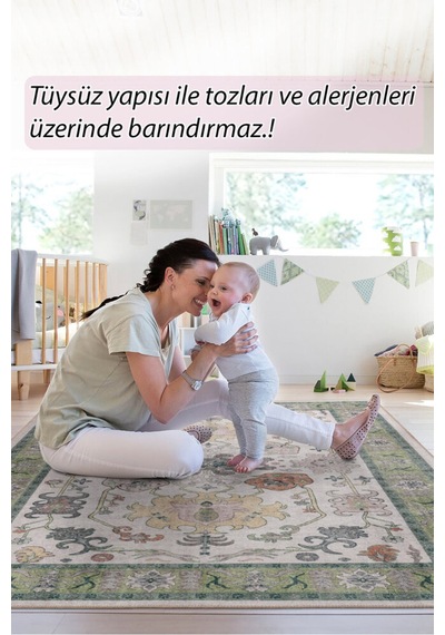 Foldy Vintage Desenli Dokuma Taban Dekoratif Yeşil Halı Fl 39