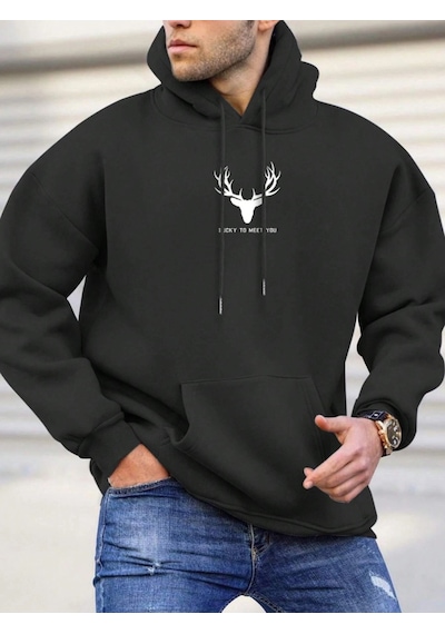 Startmore Siyah Unisex Kadın/erkek Deer Renkli Özel Baskılı Pamuklu Oversize Kapüşonlu