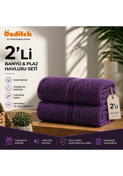 Özdilek Belda Plaj Havlusu 70x140 Cm %100 Pamuk Büyük Boy Yumuşak Havlu Yüksek Emici & Hızlı Kuruyan Deniz, Plaj, Havuz Havlusu Mor