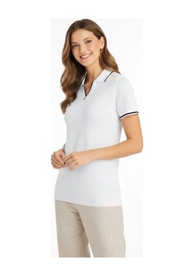 Buğrahayalin Triko Kumaş Yakalı Düğmesiz Açık Yaka Fitilli Kısa Kollu Regular Fit Tişört T-shirt - Beyaz Beyaz