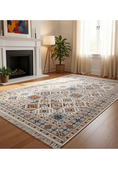 Renkli Etnik Desen Modern Halı Dekoratif Kilim Ekru