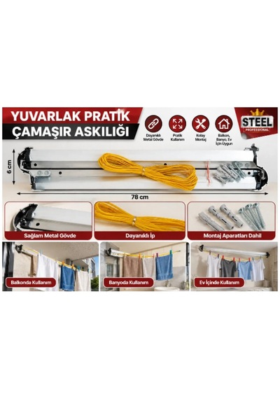 Steel Professional 78 Cm Çamaşır Askılığı Metal Duvar Askısı İpli Çamaşır Kurutmalık -