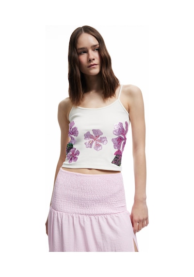 Koton Pamuklu Çiçekli Kolsuz Askılı Pullu Payetli Crop Bluz Ekru 5sal30316ık Ekru