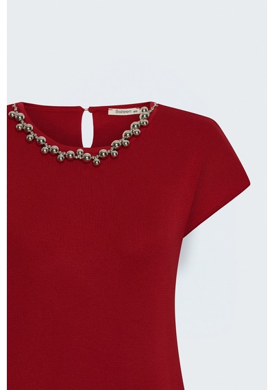 Sateen Kolyeli Kısa Kol Triko - Kırmızı-137915