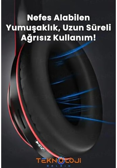 Kablosuz Kulaklık Bluetooth Mikrofonlu Kulaküstü Kulaklık Led Işıklı Katlanabilir Kırmızı