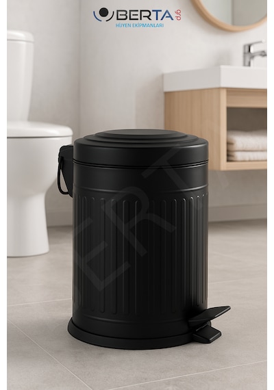 Vintage Krem Çöp Kovası Amortisörlü Kapak Çizgili Lüks Model 5lt Siyah