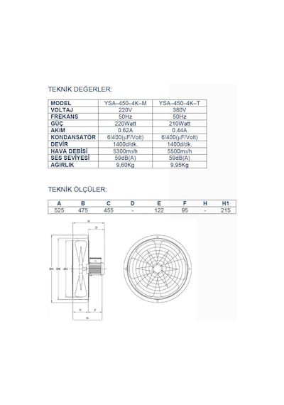 Ayas 45 Cm Sanayi Tipi Aspiratör 220 Volt Monofaze