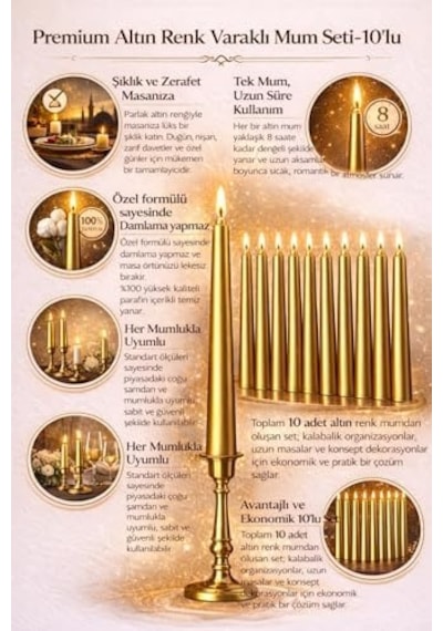 Gold Renk İnce Şamdan Mum Seti,25 Cm Uzunluk,10 Lu Paket, Dekoratif Taper, Şık Masa, Davet Ve Özel Gün Dekorasyonu İçin 50 x 22