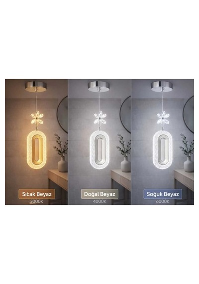 Bohem Aydınlatma Elips Tekli Sarkıt 3 Renk Led Modern Avize Beyaz/sarı/günışığı Krom
