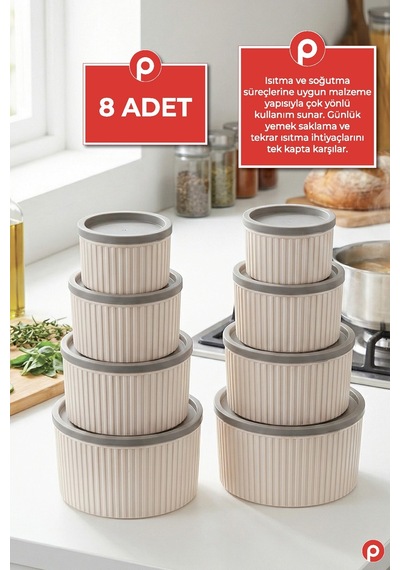 8'li Çizgili Yuvarlak Saklama Kabı Seti Bej 3l - 1.8l - 1l - 0.55l Mikrodalga & Dondurucu Uyumlu Bej