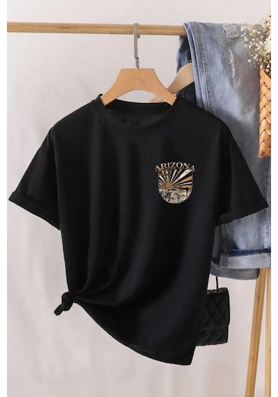 Unisex Sırt Baskılı Arizona Oversize Tshirt Siyah