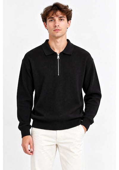 Polo Yaka Fermuarlı Uzun Kollu Erkek Kazak 102101 Siyah-aw19