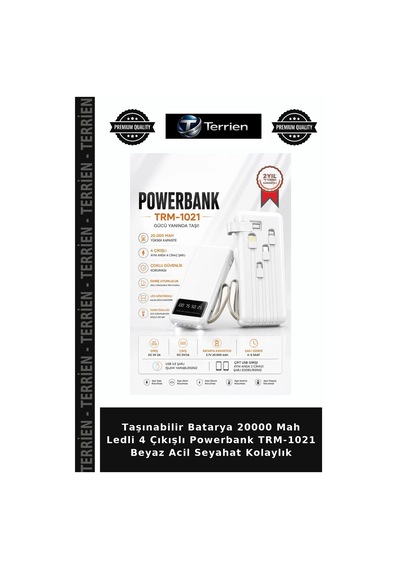 Taşınabilir Batarya 20000 Mah Ledli 4 Çıkışlı Powerbank Trm-1021 Beyaz Acil Seyahat Kolaylık Çok Renkli